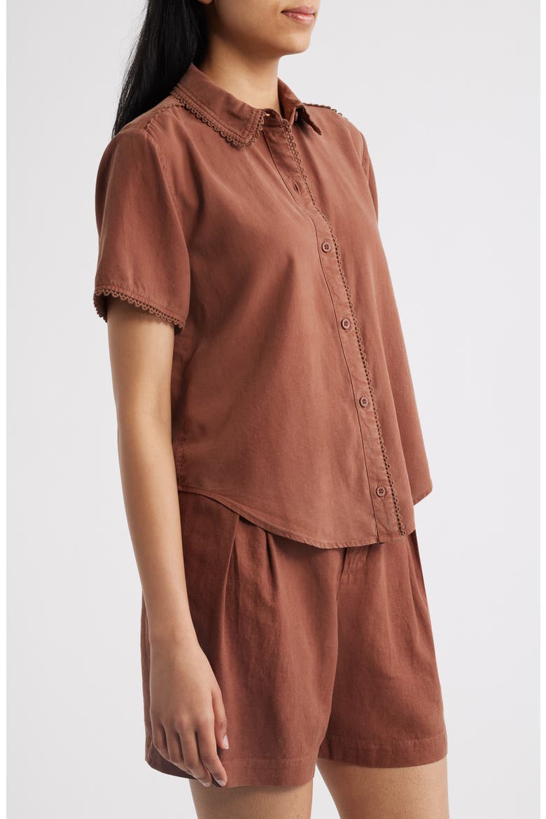 Picot Trim Short Sleeve Button-Up Shirt, Alternate, color, SUNRISE MOCHA