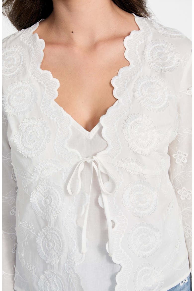 Aida Floral Embroidered Tie Front Long Sleeve Top, Alternate, color, PURE WHITE