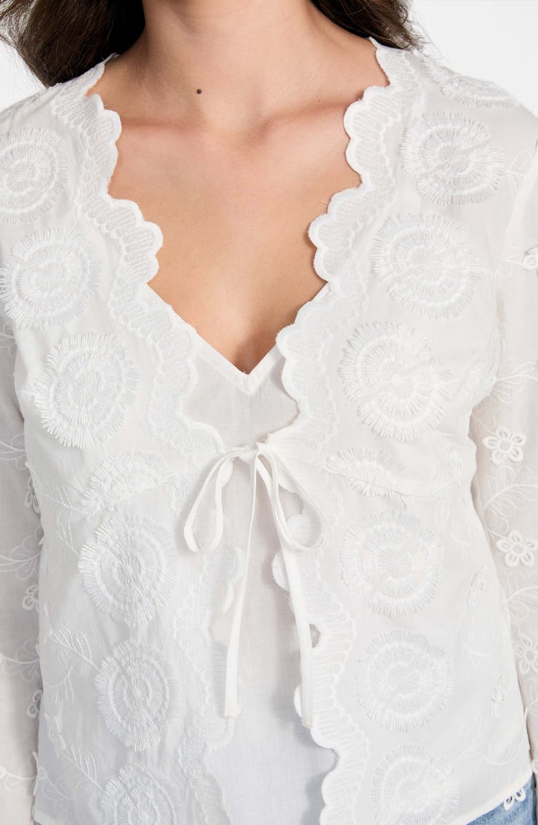 GUESS Aida Floral Embroidered Tie Front Long Sleeve Top, Alternate, color, Pure White