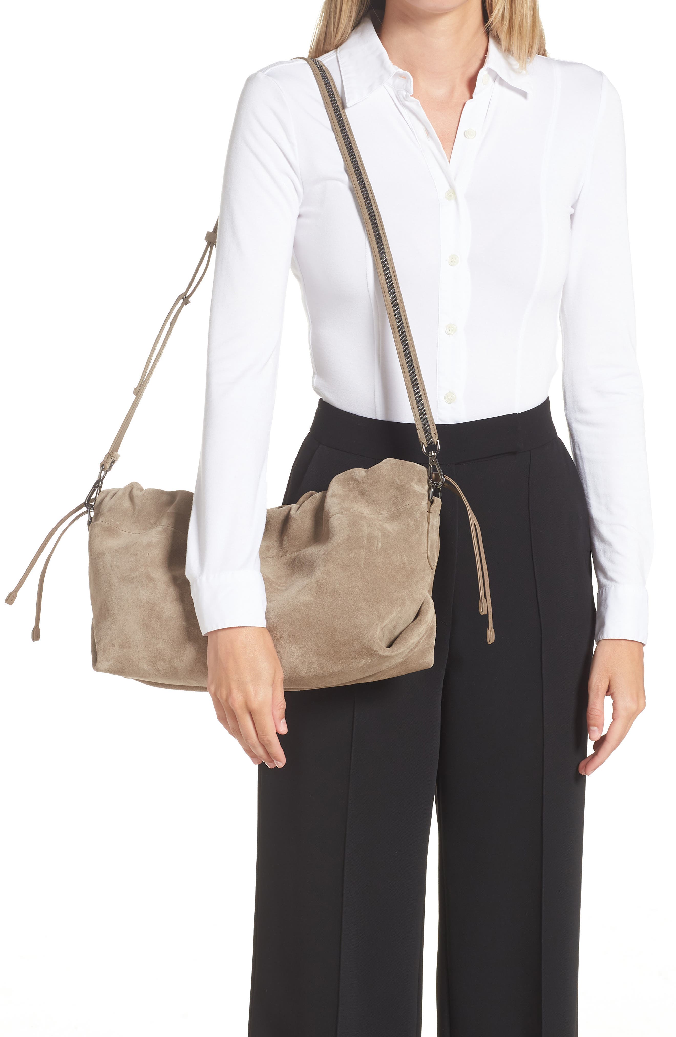 Brunello Cucinelli Suede Drawstring Shoulder Bag, Alternate, color, 
