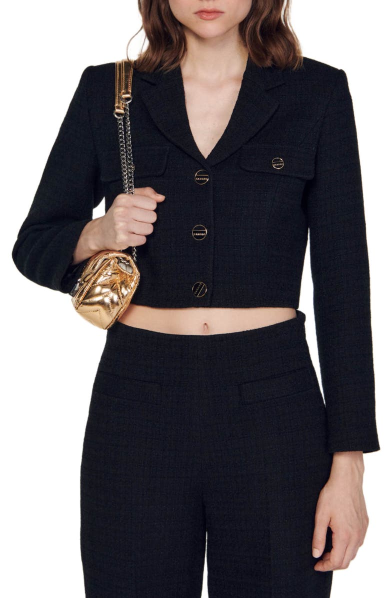 SANDRO Cropped tweed button-up jacket, Main, color,