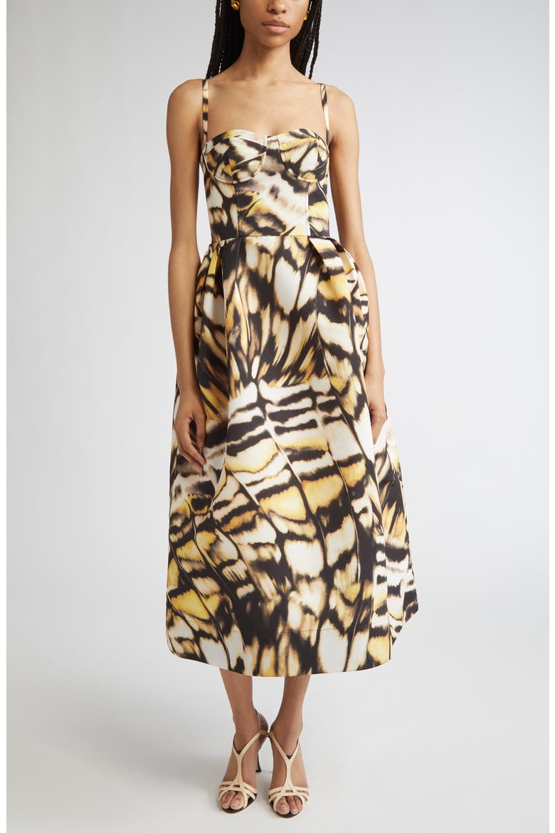 Abstract Butterfly Faille Bustier Midi Dress, Main, color, BLACK MULTI
