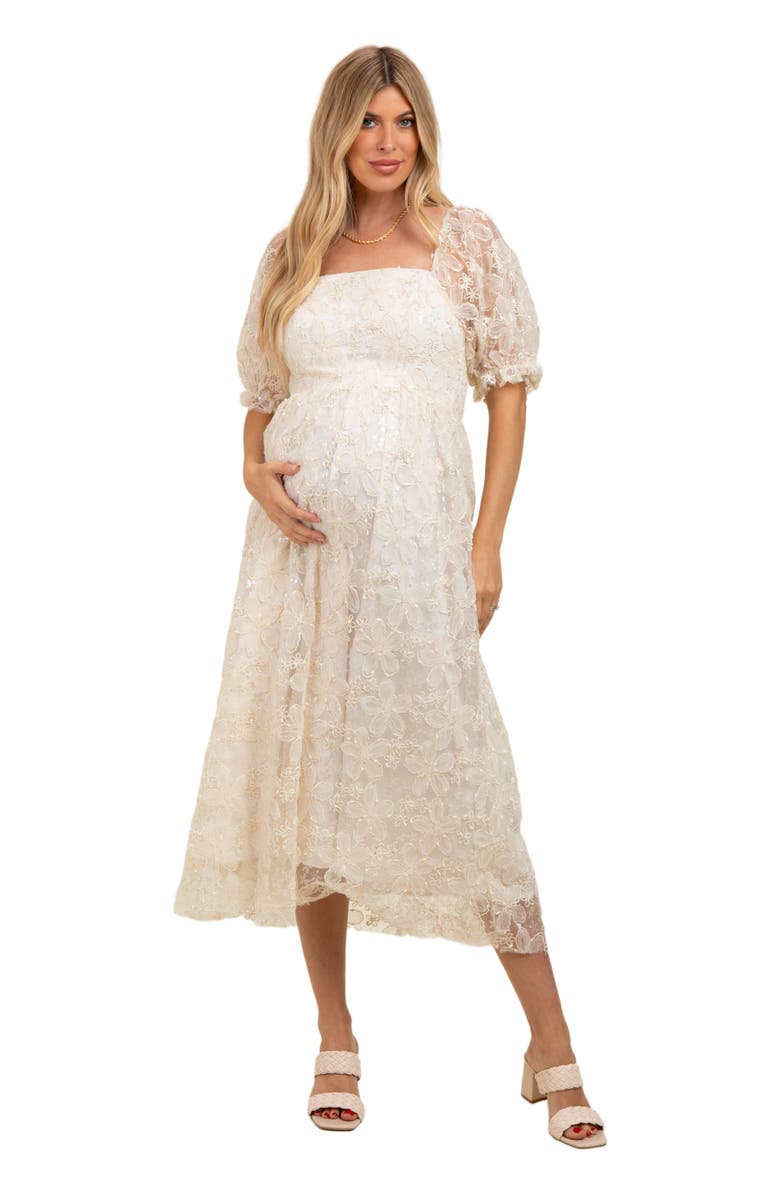 PinkBlush Floral Mesh Overlay Tie Back Midi Dress, Main, color, Cream