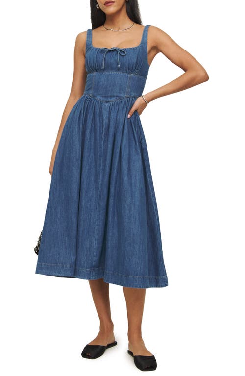 Shop Reformation Balia Denim A-line Midi Dress In Rhine