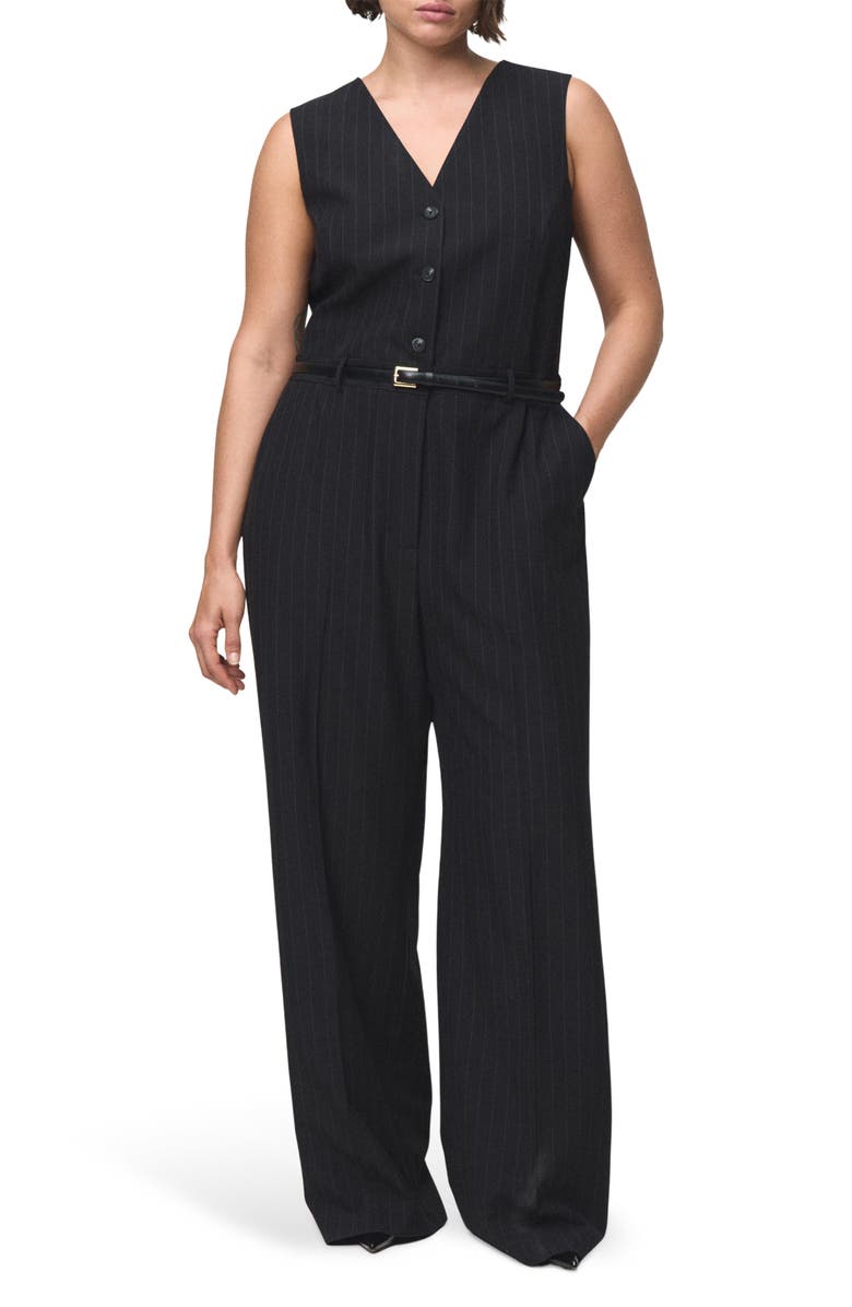 MANGO Pinstripe Sleeveless Belted Jumpsuit, Main, color, Dark Navy
