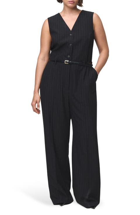 Pinstripe Sleeveless Belted Jumpsuit (Regular & Plus)