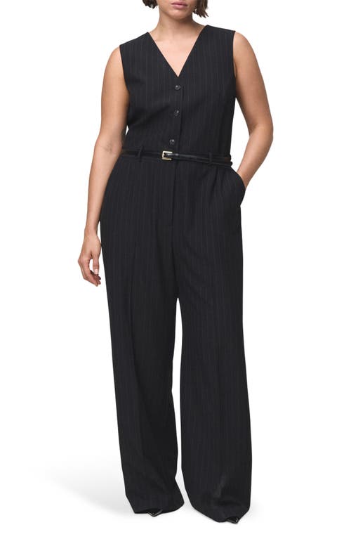 Mango Pinstripe Sleeveless Belted Jumpsuit In Blue