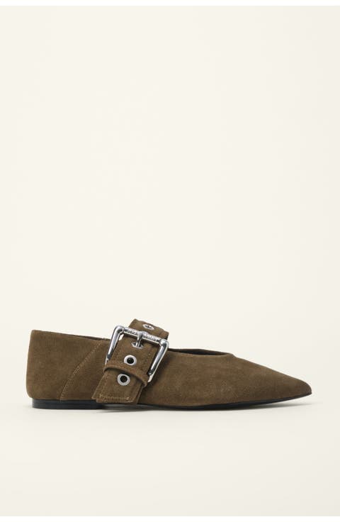Suede Pointed Toe Ballerina With Strap