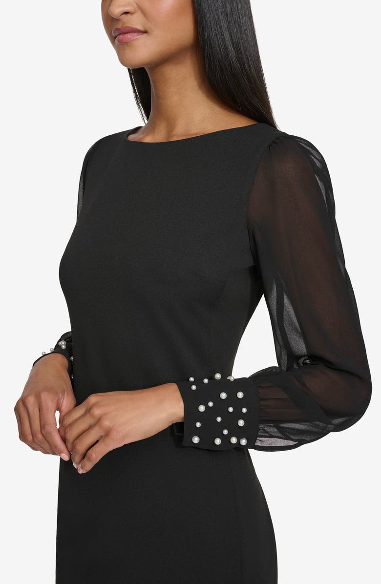 KARL LAGERFELD Faux Pearl Cuff Long Sleeve Scuba Crepe Sheath Dress, Alternate, color, Black