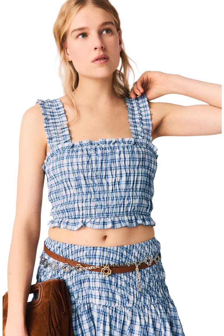 Smocked rhinestone cotton top, Main, color, Blue check print