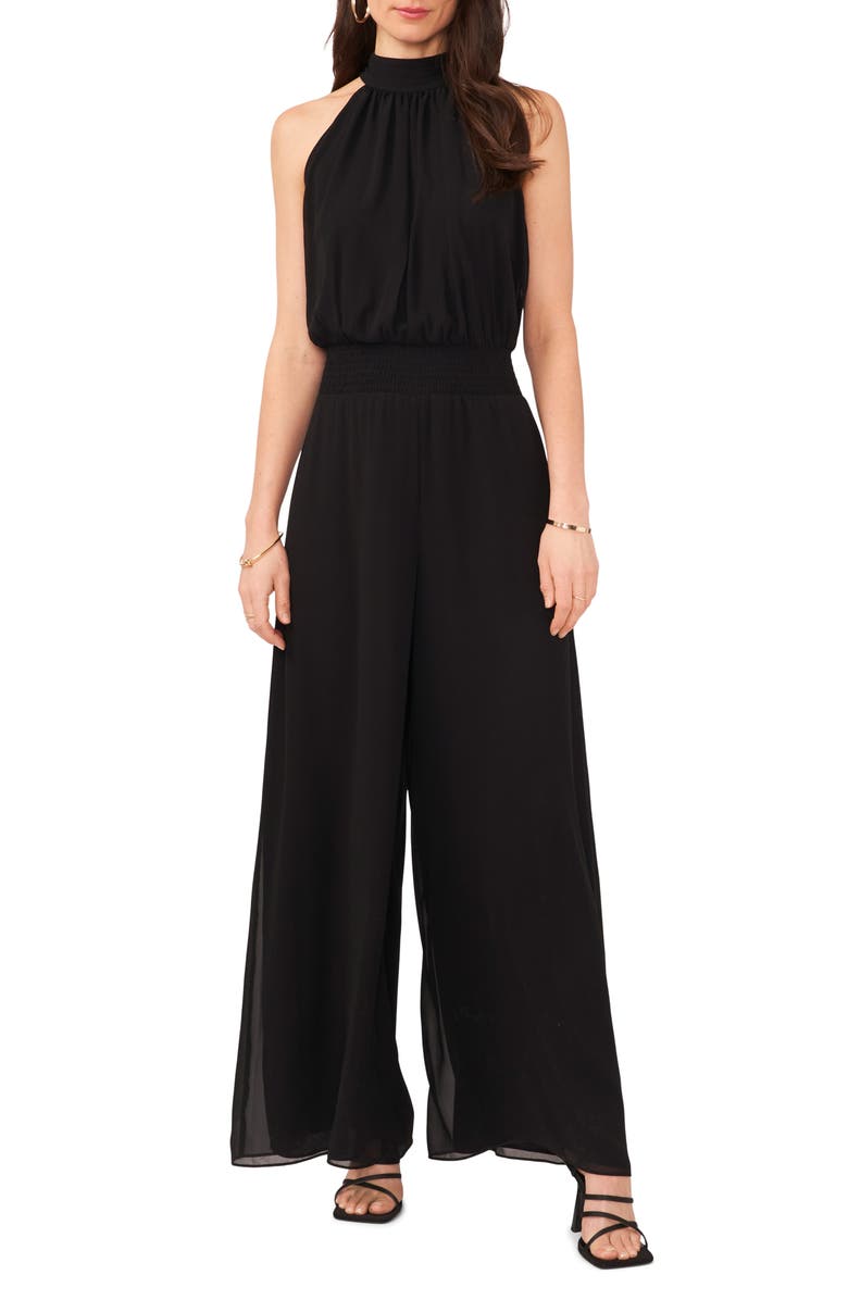 Vince Camuto Tie Neck Chiffon Overlay Wide Leg Jumpsuit, Main, color,