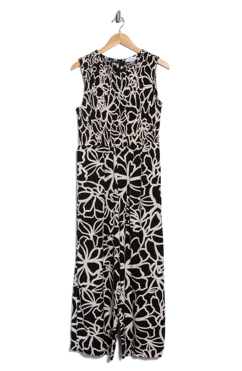 Calvin Klein Big Flowers Smocked Jumpsuit, Alternate, color, Black/ Cream