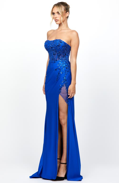 Bariano Madeleine Strapless High Split Gown In Blue