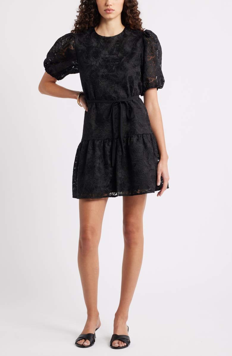 Caslon<sup>®</sup> Lace Puff Sleeve Tiered Minidress, Main, color, Black