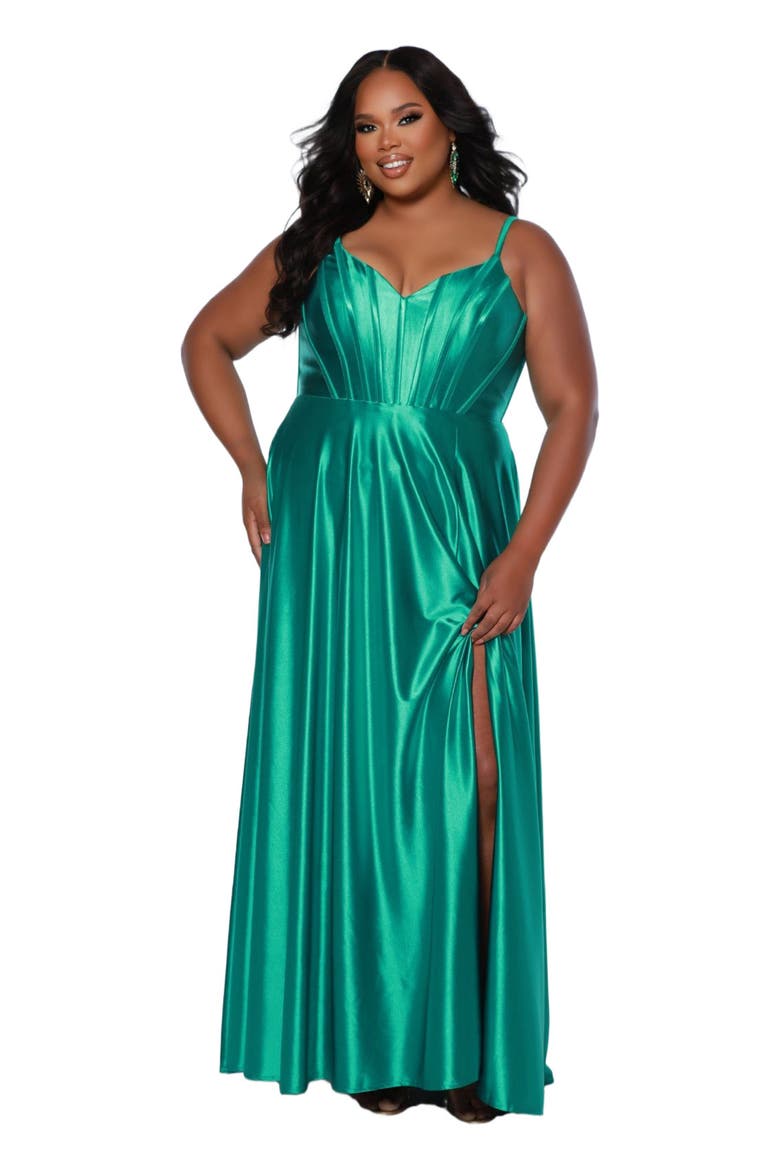 Satin Corset Bodice Plus Size A-Line Gown, Main, color, Kelly Green