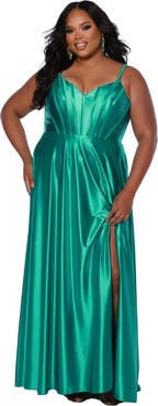 Sydney's Closet Satin Corset Bodice Plus Size A-Line Gown