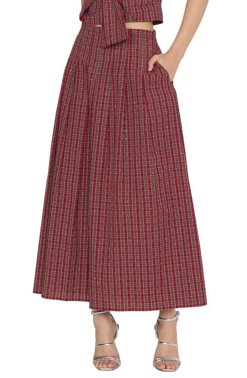 Pheona Embellished Plaid Midi Skirt