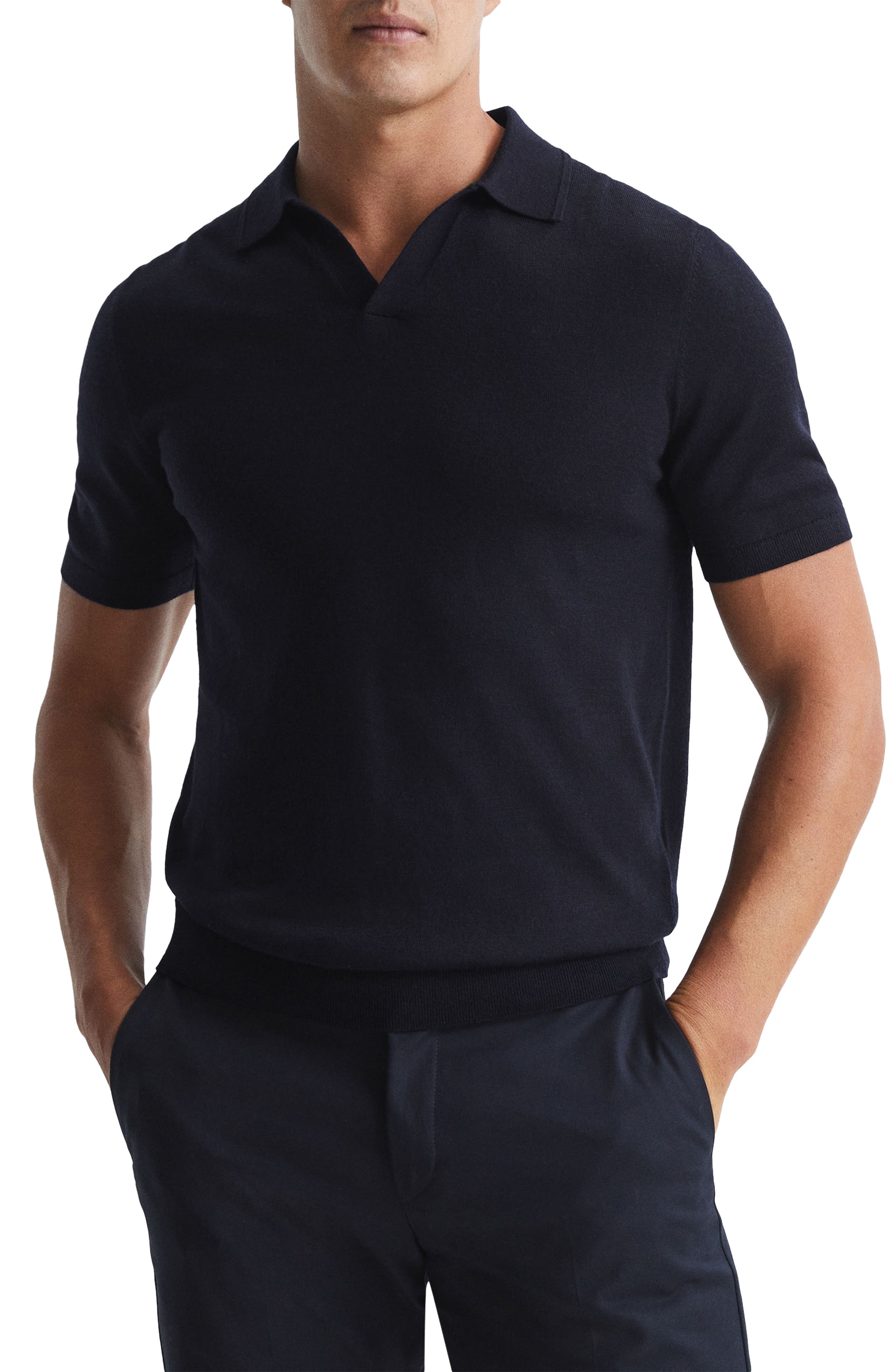 Reiss Duchie Johnny Collar Short Sleeve Wool Polo Sweater in Navy 