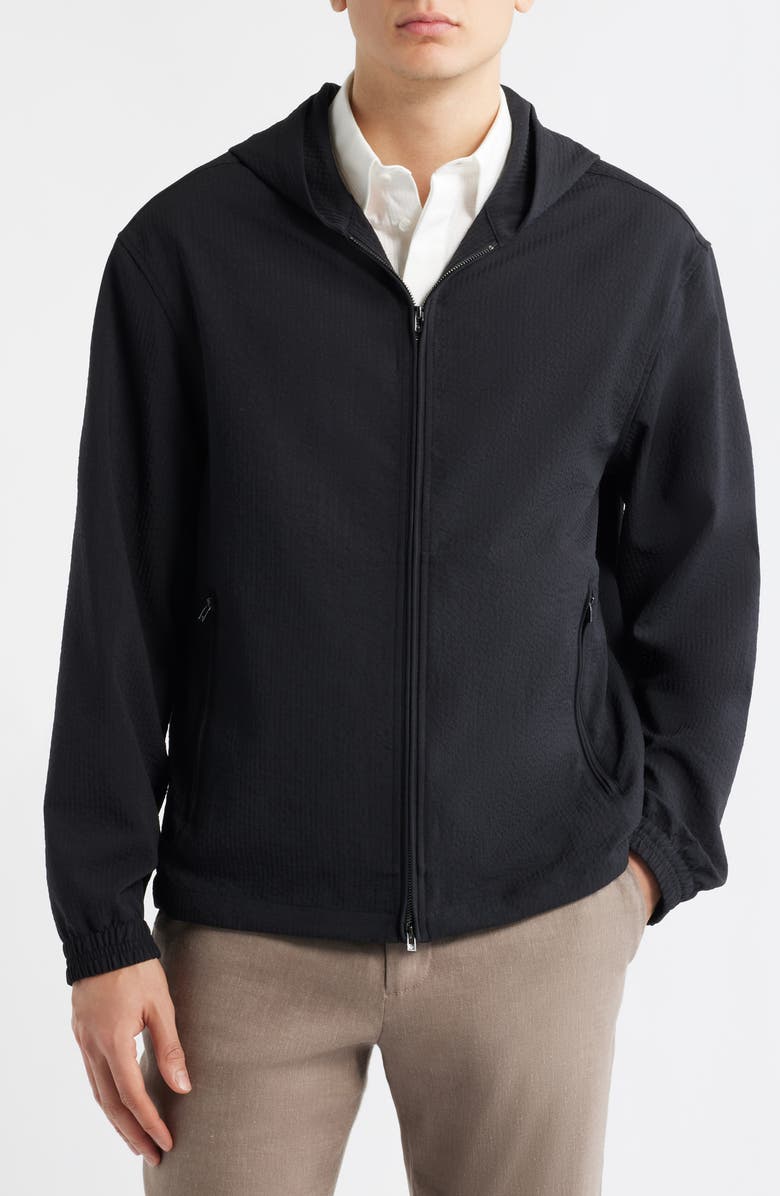 Emporio Armani Seersucker Hooded Jacket, Alternate, color, Solid Black