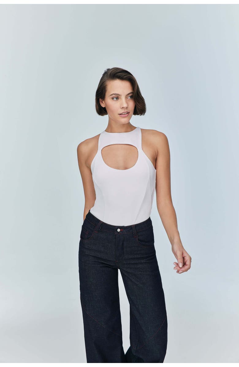 Jendue US Pera Bodysuit Denim Jumpsuit - Stylish Cutout, Alternate, color, Black