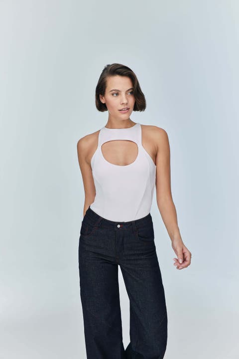 Pera Bodysuit Denim Jumpsuit - Stylish Cutout