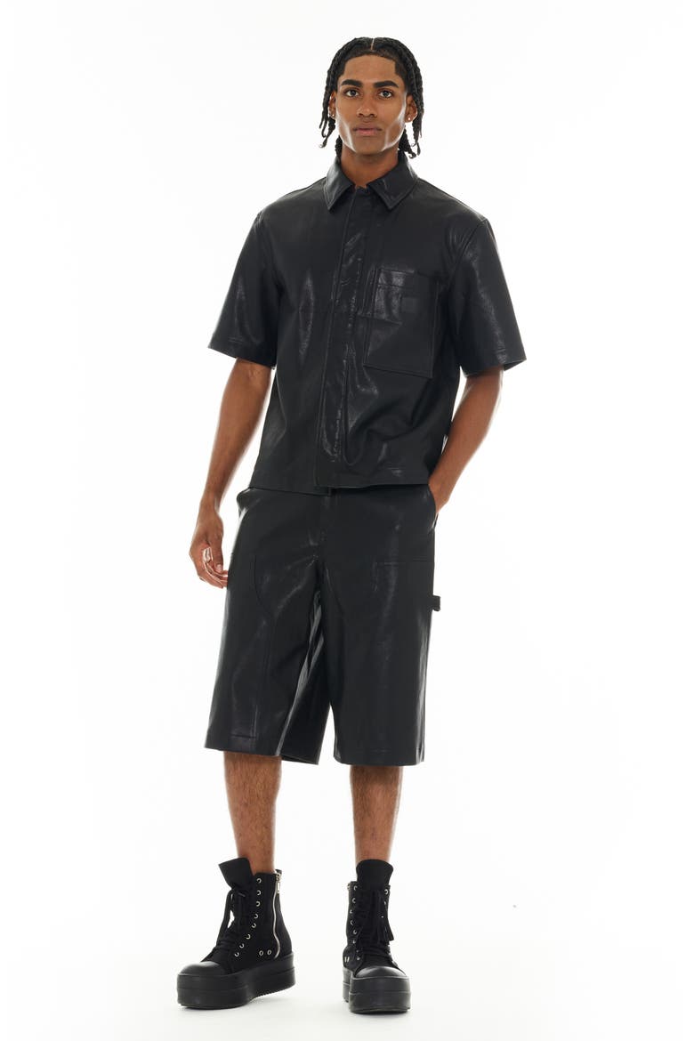 Oversize Short Sleeve Faux Leather Button-Up Shirt, Alternate, color, BLACK