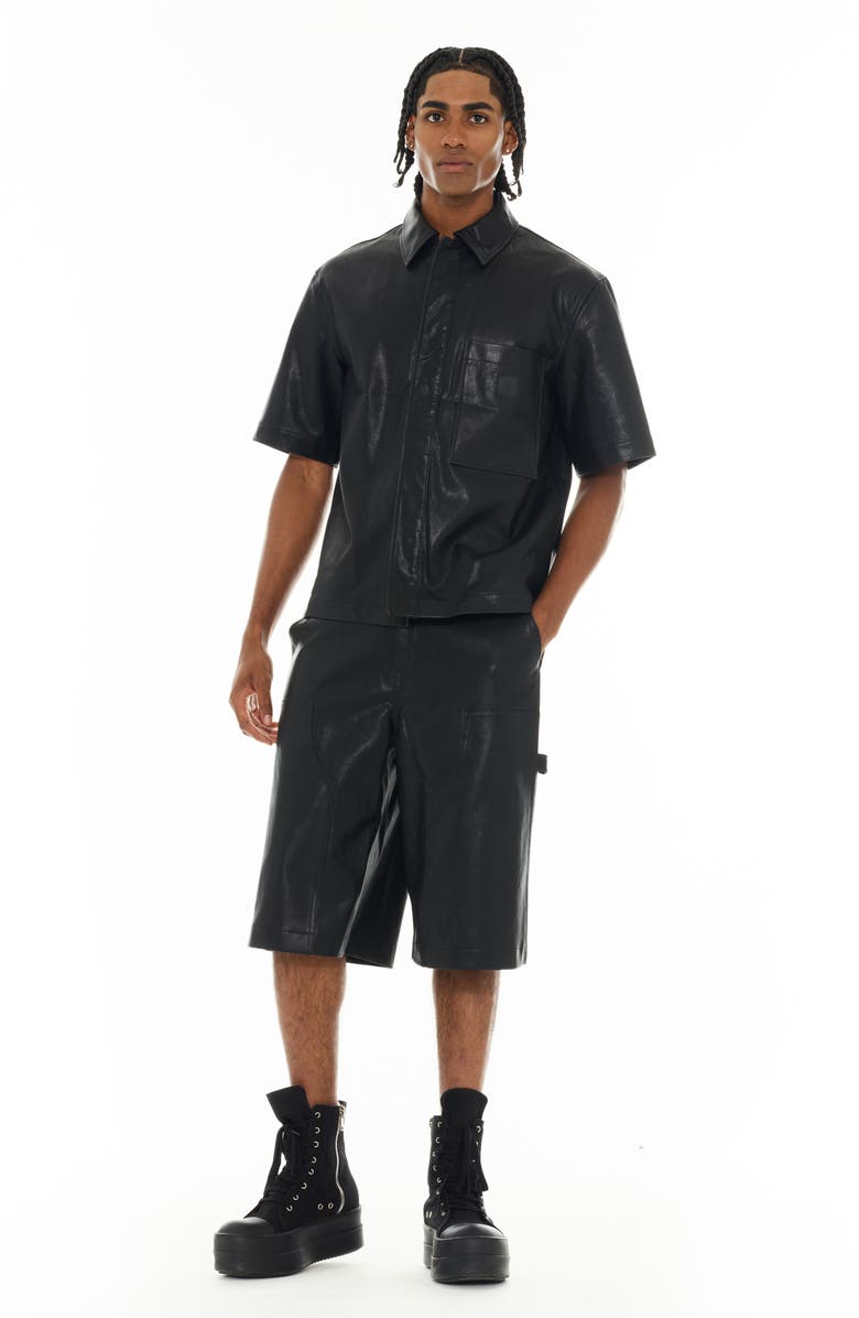 Cult of Individuality Oversize Short Sleeve Faux Leather Button-Up Shirt, Alternate, color, Black