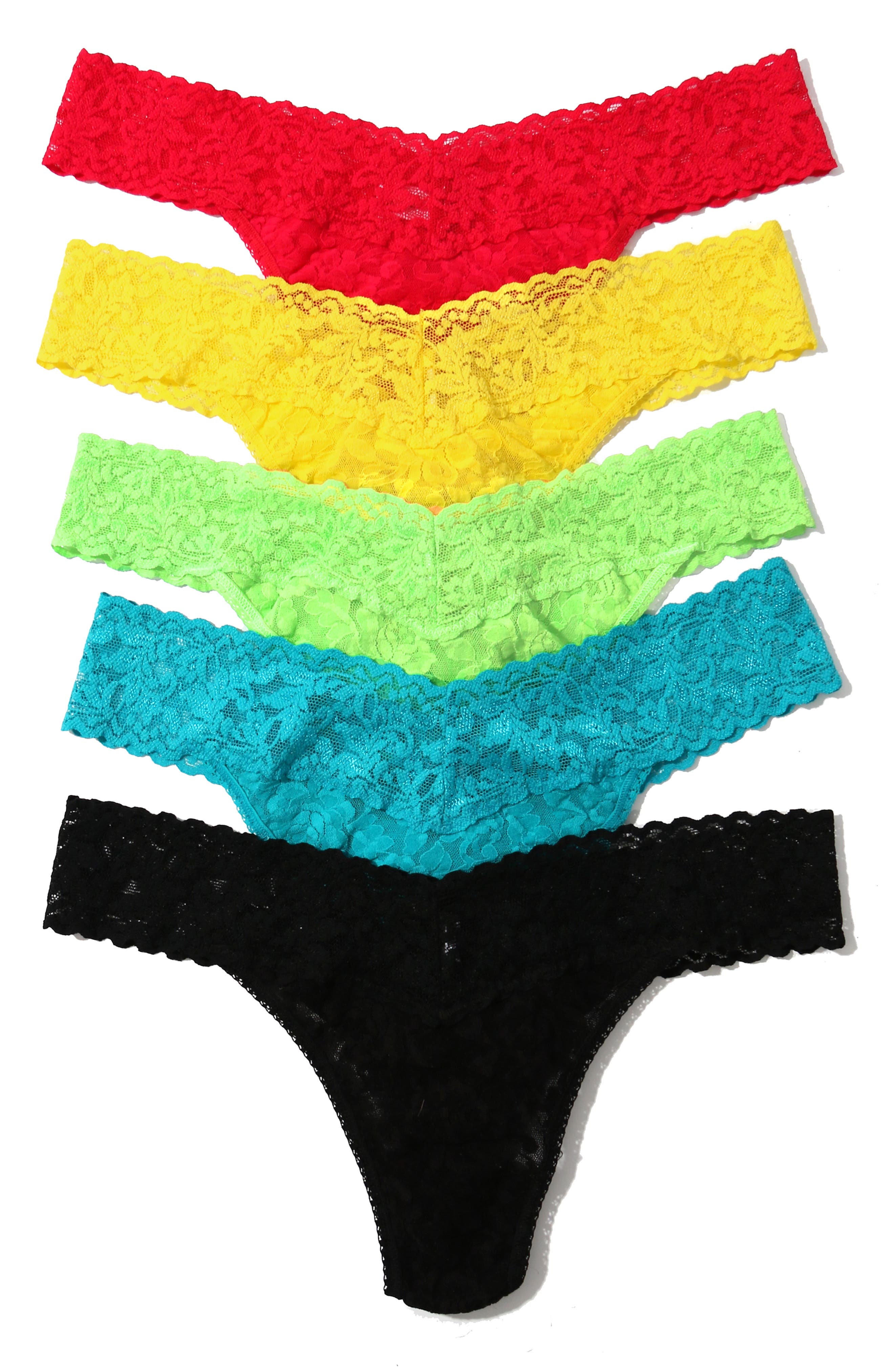 Hanky Panky Assorted 5-Pack Lace Original Rise Thongs in Strwbry Sk Lg Sea Brz Blk 