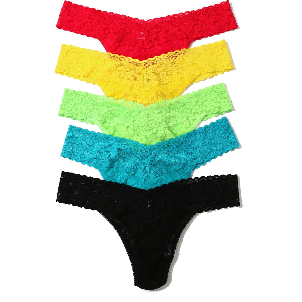 Hanky Panky Assorted 5-Pack Lace Original Rise Thongs in Strwbry Sk Lg Sea Brz Blk