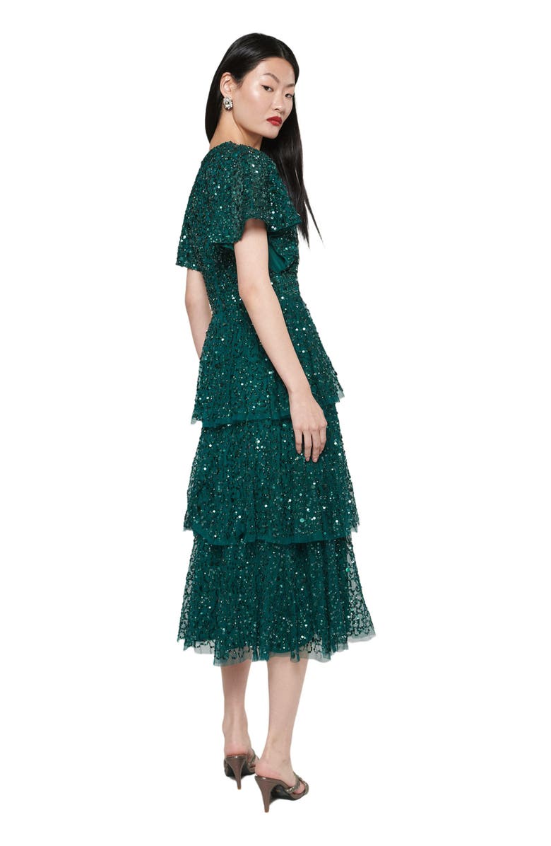 BEAUUT Occasion Embellished Sequin Beaded Short Sleeves Evening Midi Dress, Alternate, color, Emerald Green