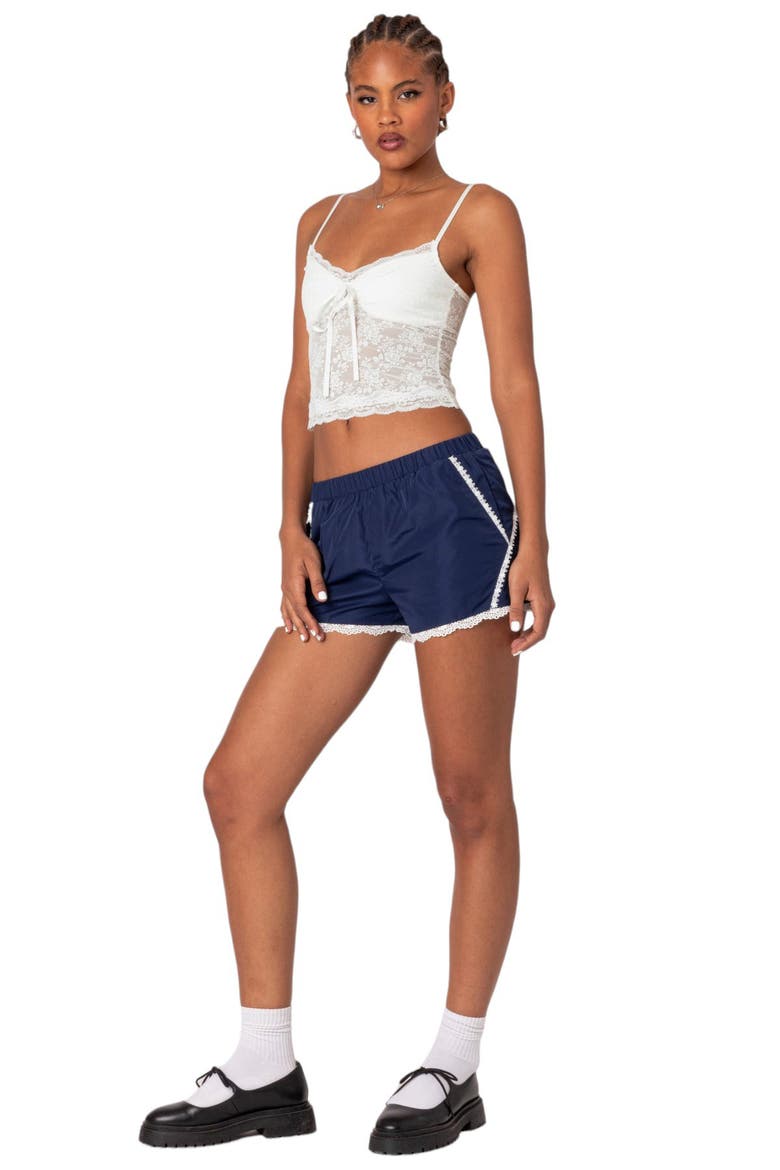 Kallie Lace Trim Track Shorts, Alternate, color, NAVY