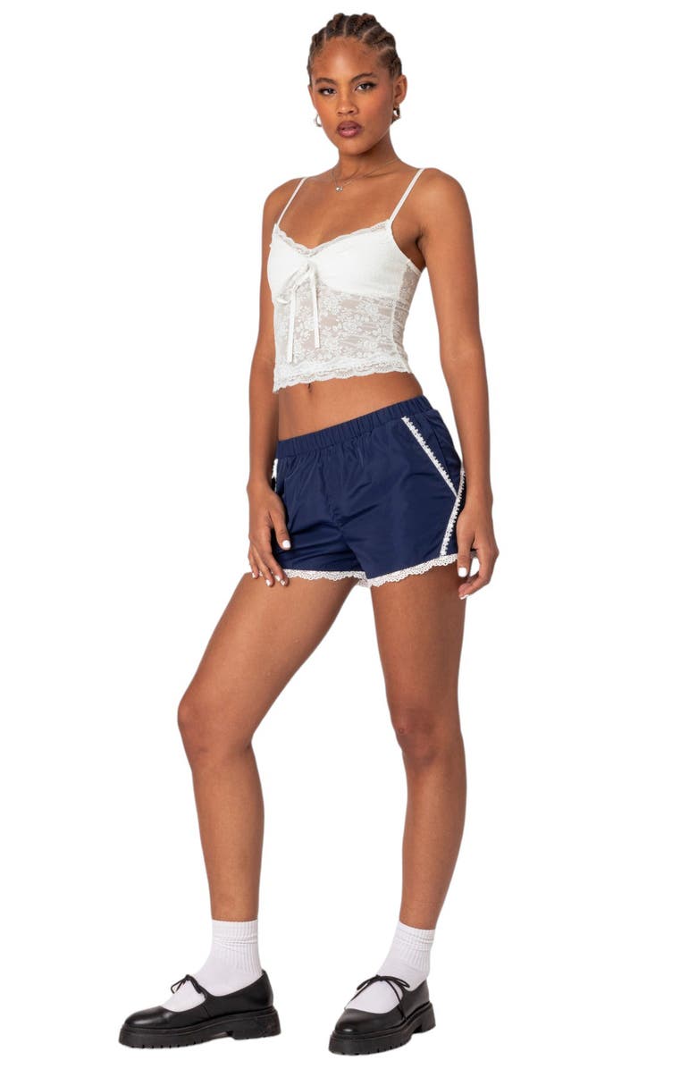 EDIKTED Kallie Lace Trim Track Shorts, Alternate, color, Navy
