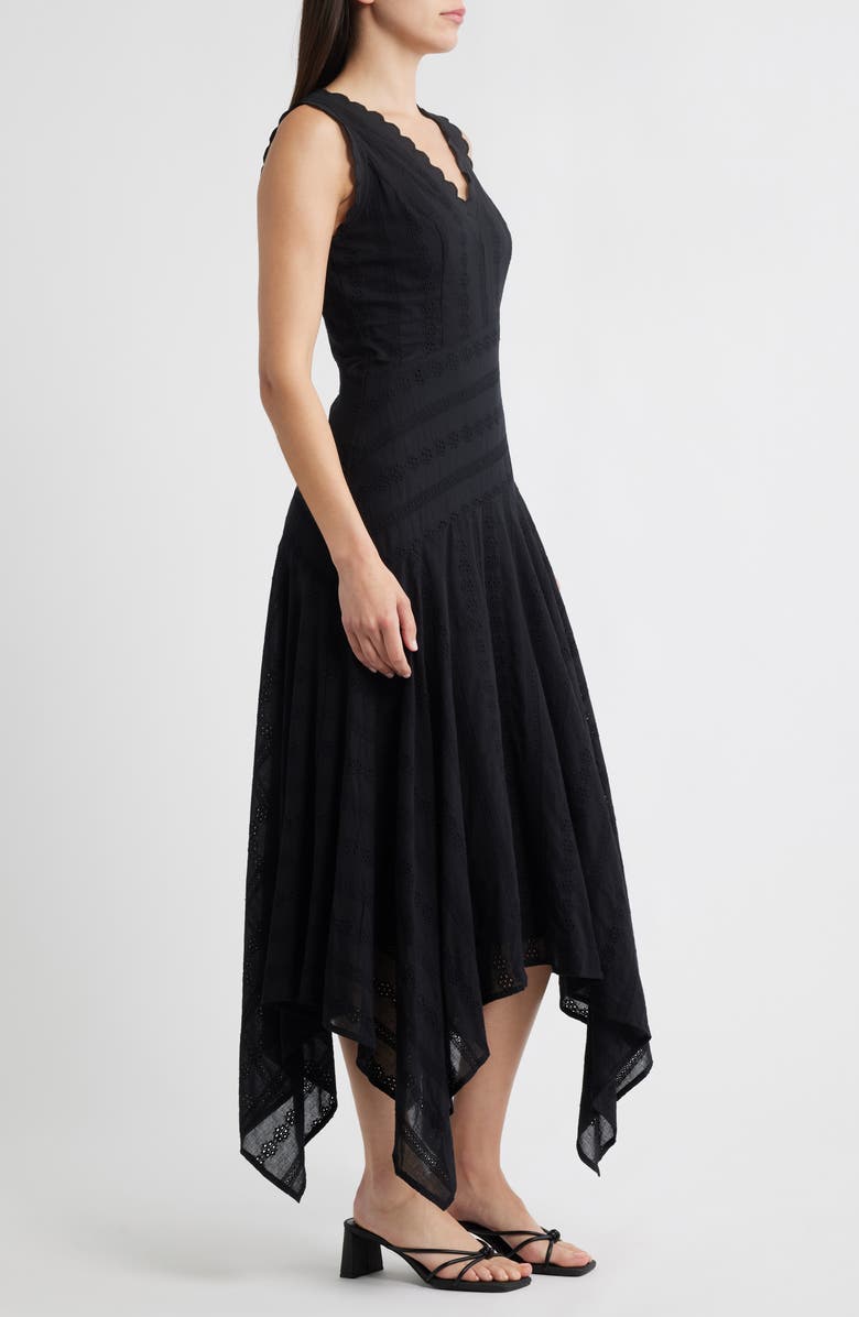 MOON RIVER Eyelet Asymmetric Cotton Midi Dress, Alternate, color, Black