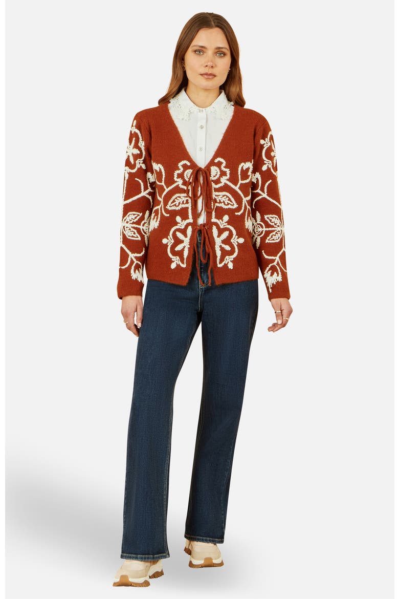 Folk Embroidered Tie Front Cardigan, Alternate, color, Brown