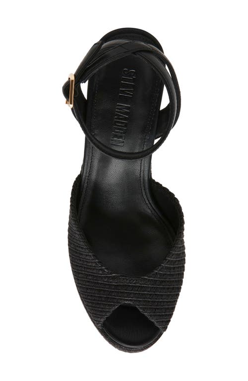 Steve Madden Wanona Ankle Strap Peep Toe Platform Wedge Sandal In Black Raffia