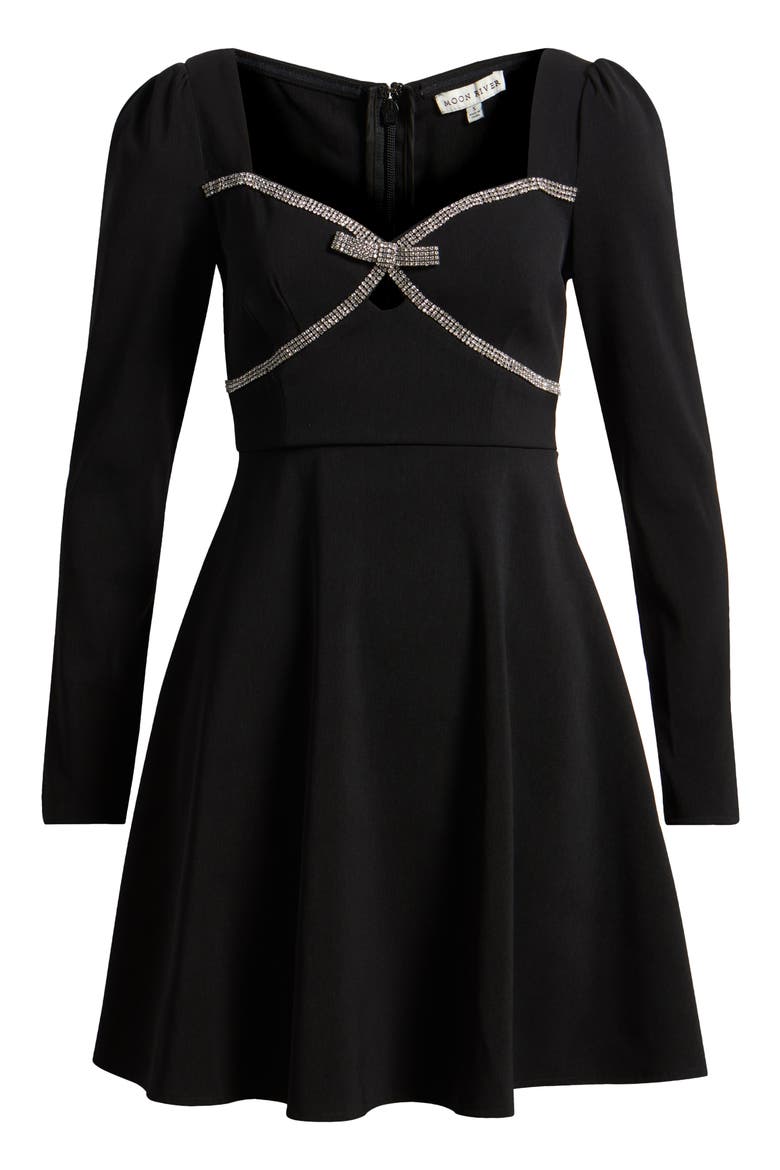 Rhinestone Bow Long Sleeve Fit & Flare Minidress, Alternate, color, BLACK