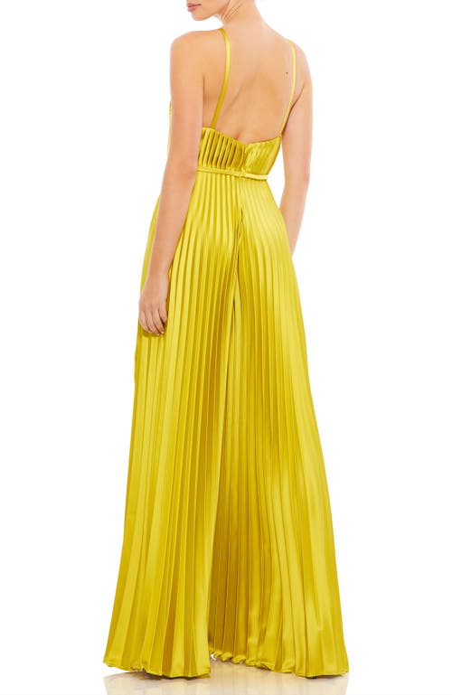 Mac Duggal Pleated Plunge Neck Wide Leg Jumpsuit In Chartreuse