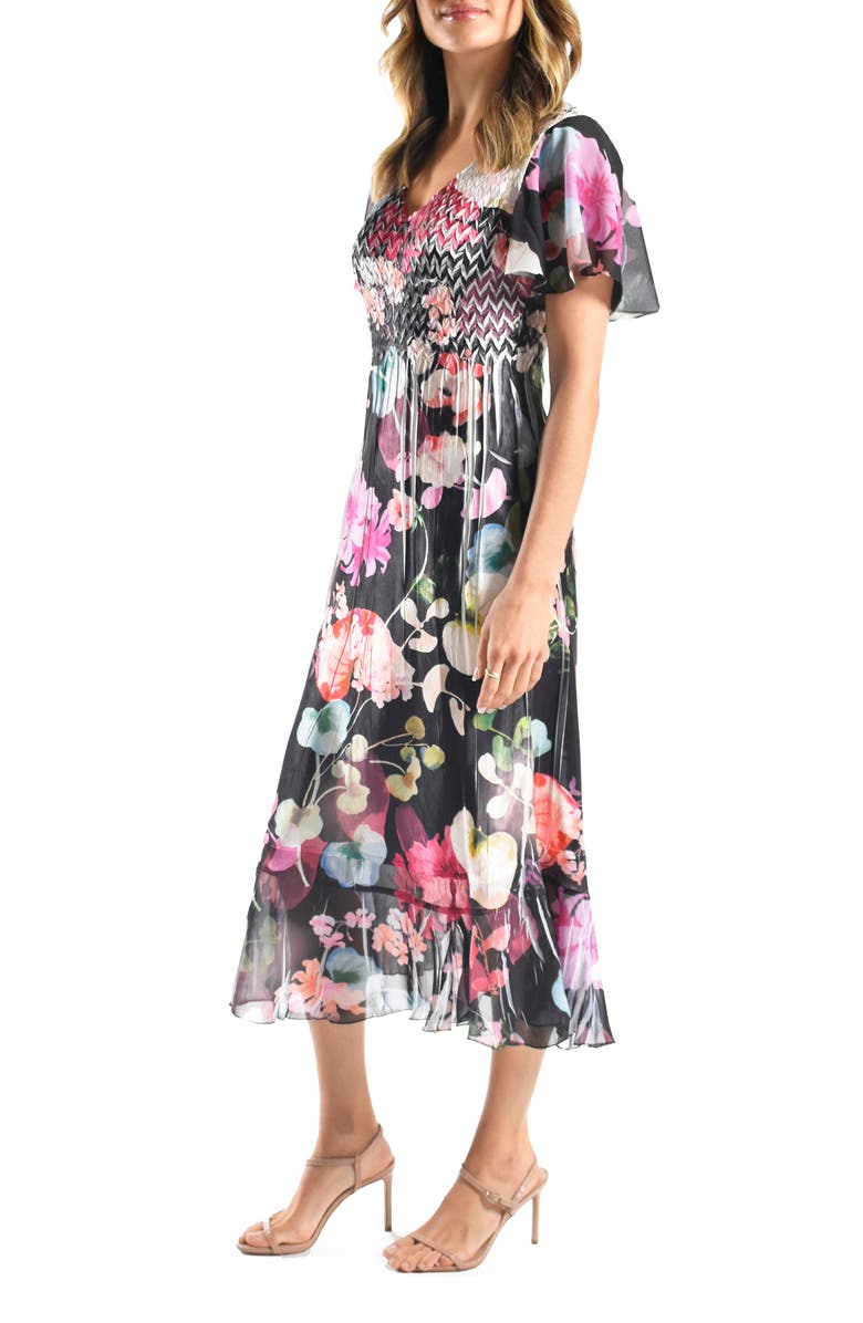 Komarov Flutter Sleeve Charmeuse & Chiffon Midi Dress, Alternate, color, Flourescent Flora