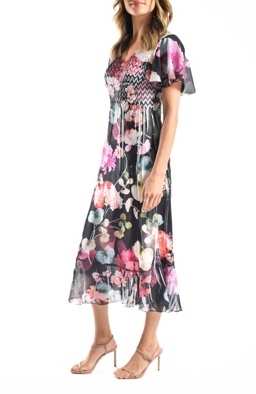 Komarov Flutter Sleeve Charmeuse & Chiffon Midi Dress
