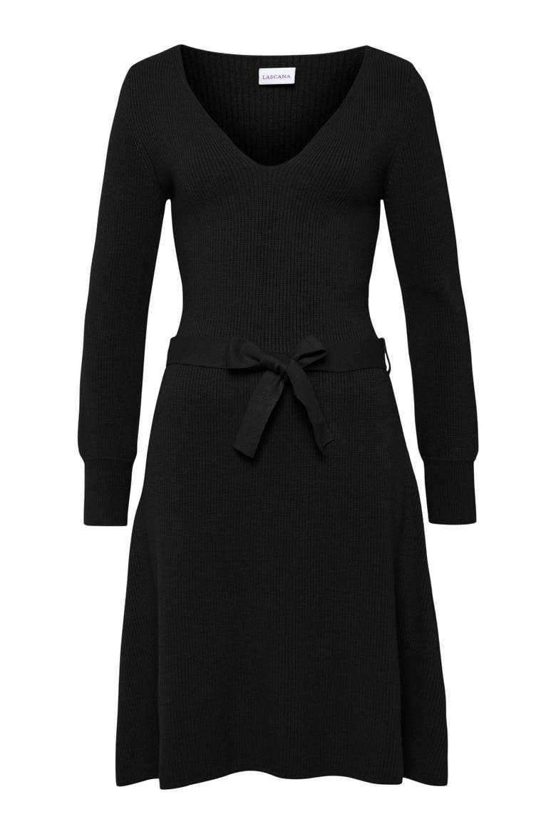 V-Neck Belted Sweater Dress, Alternate, color, Black