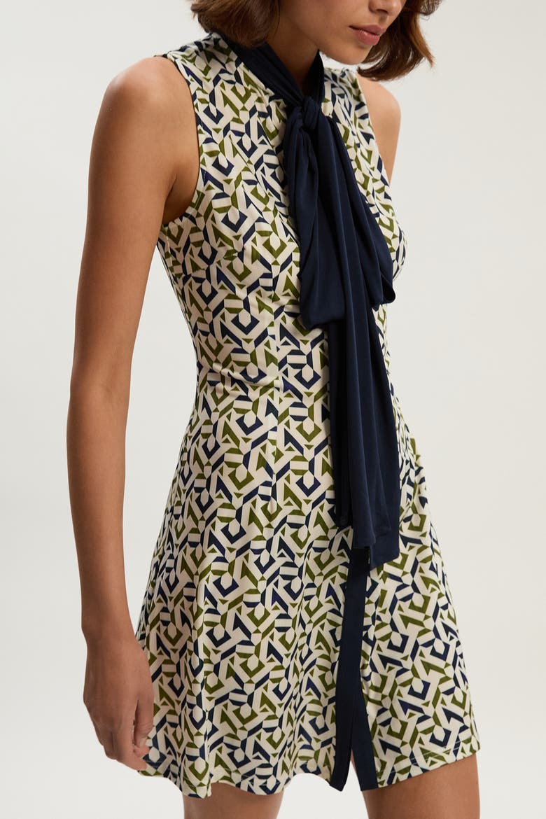 Petite Crepe Tie Neck Mini Dress, Alternate, color, Mono
