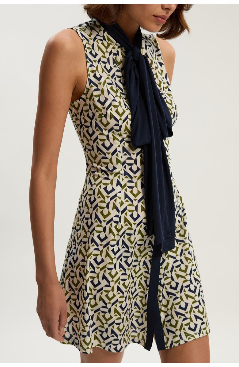 Karen Millen Petite Crepe Tie Neck Mini Dress, Alternate, color, Mono