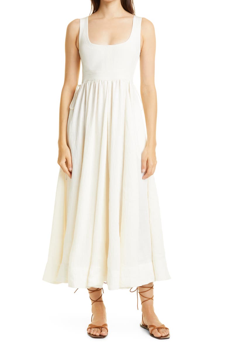 Smocked Sleeveless Silk & Linen Maxi Dress, Main, color, IVORY