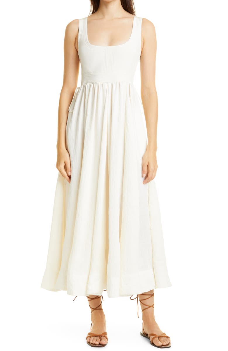 La Ligne Smocked Sleeveless Silk & Linen Maxi Dress, Main, color, 