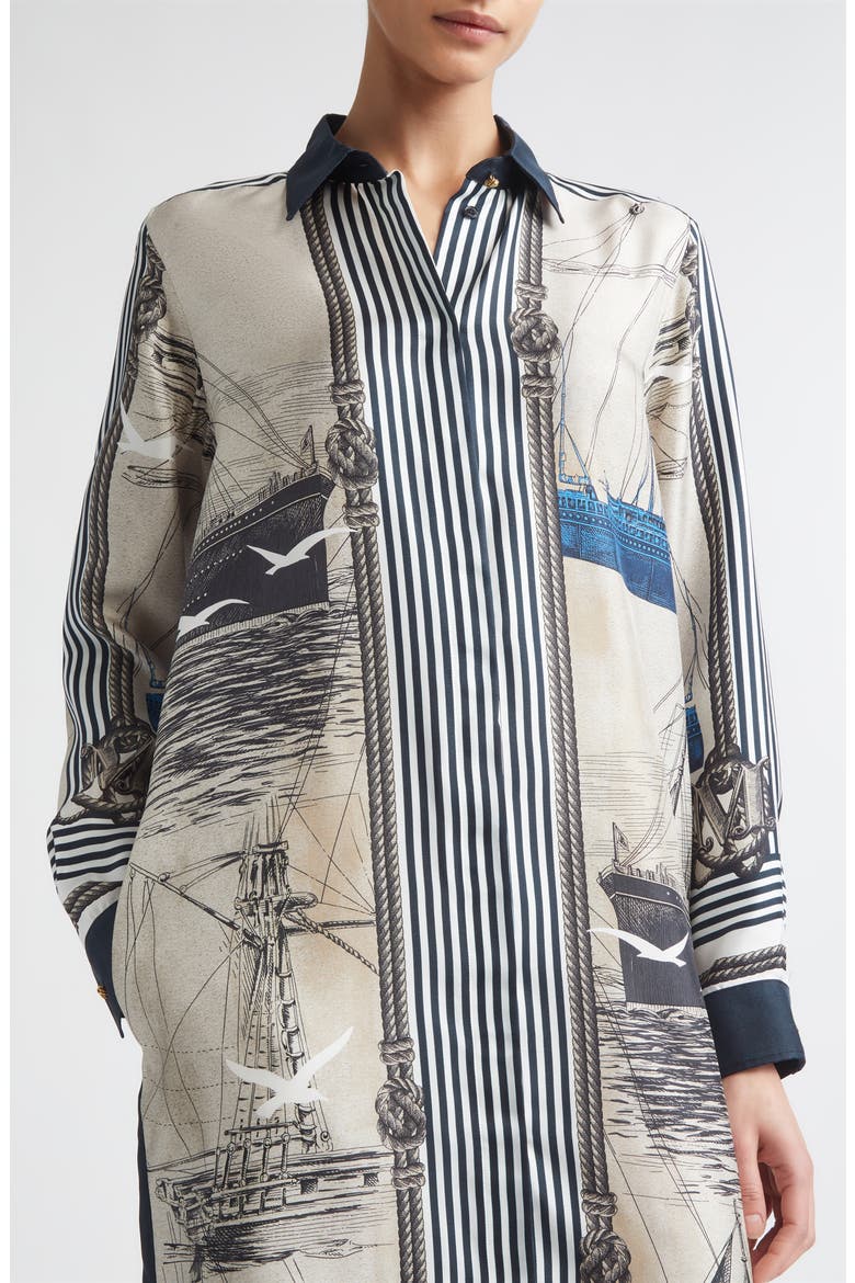 Mariner Print Long Sleeve Silk Midi Shirtdress, Alternate, color, STONE
