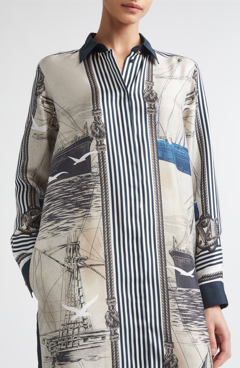 Max Mara Mariner Print Long Sleeve Silk Midi Shirtdress, Alternate, color, Stone