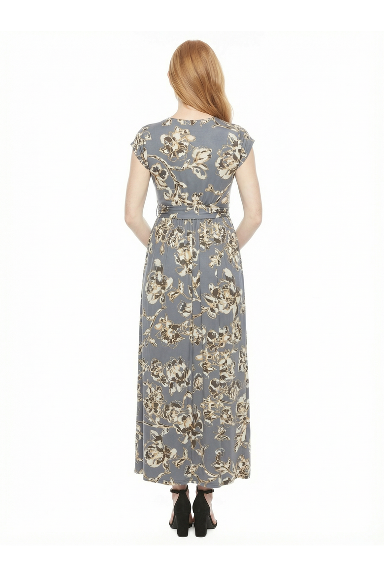 Maternity Floral V-Neck Cap Sleeve Side Slit Pocket Maxi Dress, Alternate, color, Grey Multi