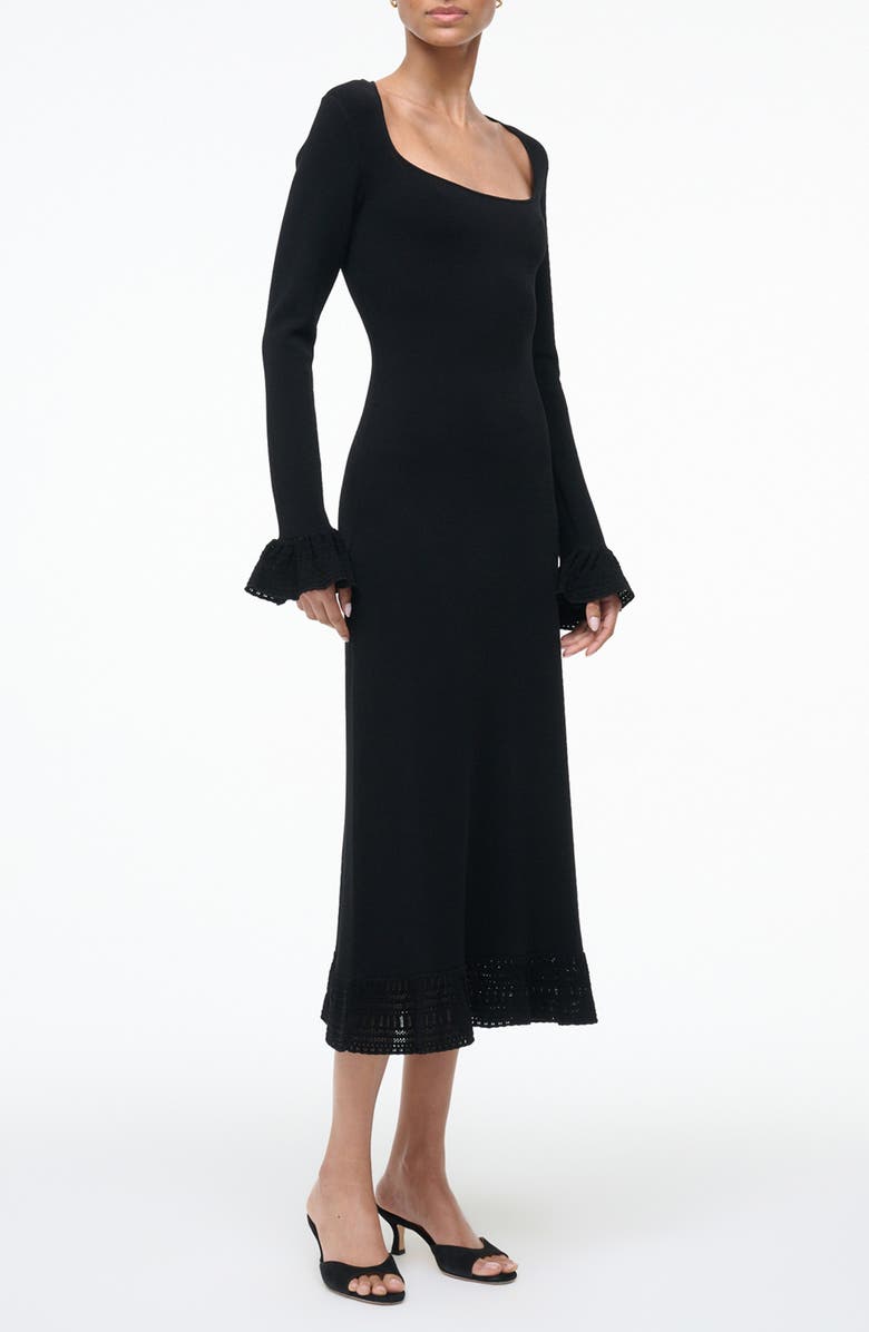 STAUD Shelley Lace & Ruffle Long Sleeve Midi Dress, Main, color, Black