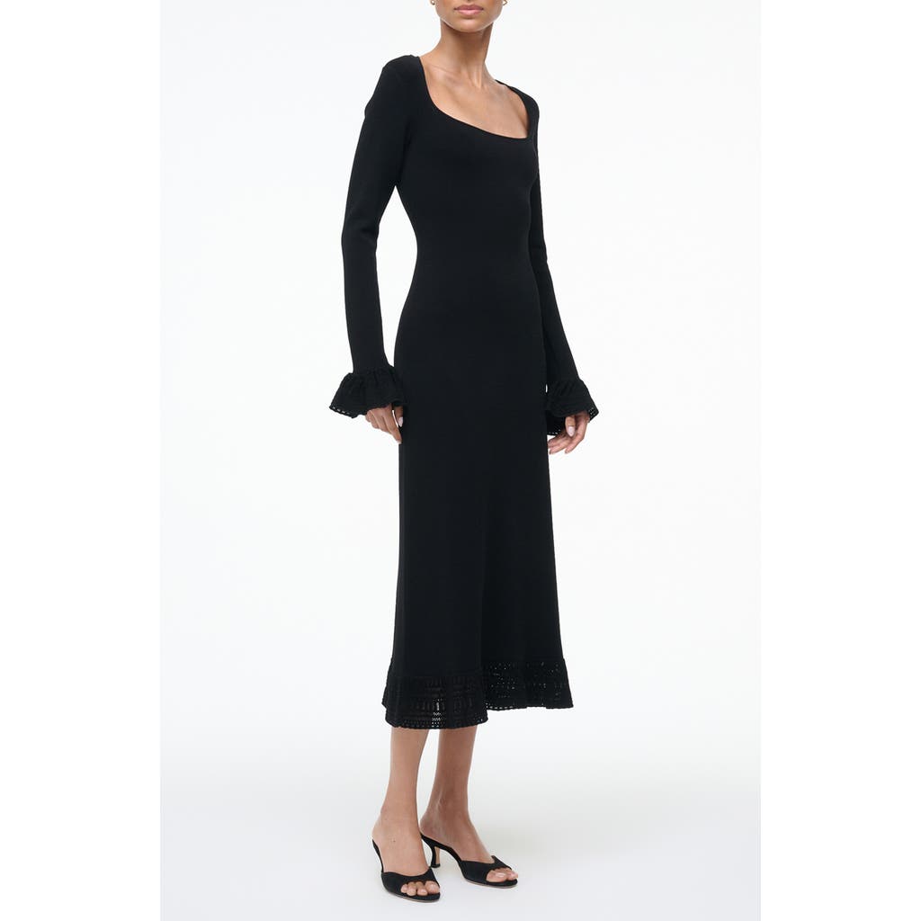 Staud Shelley Lace & Ruffle Long Sleeve Midi Dress In Black