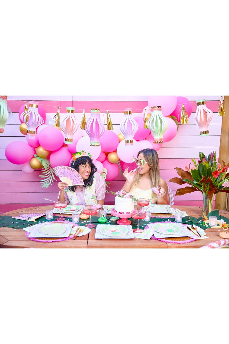 Cabana Club Paper Lantern Garland - 7 Pastel Lanterns with Gold Foil Details, 8 Gold Tassels, and 100-Inch Gold Ribbon, Alternate, color, Multicolor